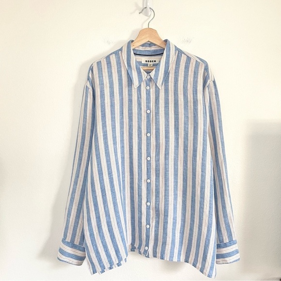 Boden Relaxed Linen Button Down Shirt Porcelain Blue Sparkle Stripe 14R - Picture 8 of 16